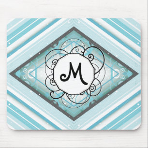 Ice Blue Modern-Retro Stripe Diamond with Monogram Mouse Mat