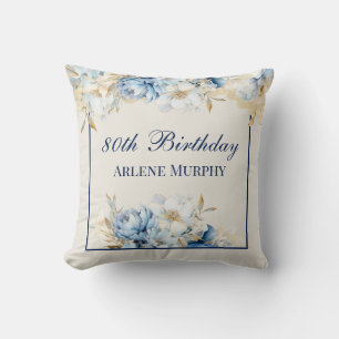 Ice Blue Rose and Navy 80th Birthday Throw Pillow