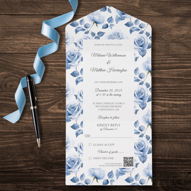Ice Blue Roses QR Code All in One Wedding Invite (Creator Uploaded)