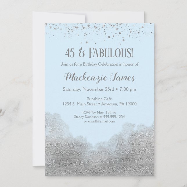 Ice Blue Silver Confetti Birthday Invitation (Front)