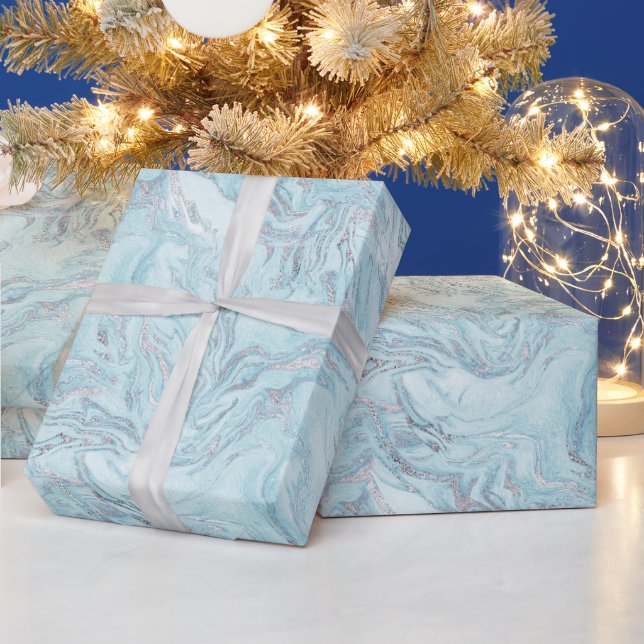 Ice Blue Silver Marble Glitz Wrapping Paper (Holidays)