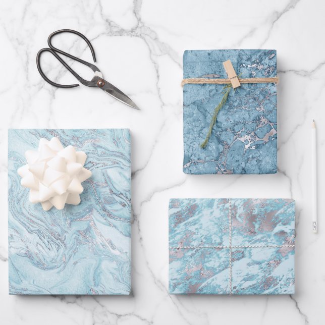 Ice Blue Silver Marble Glitz Wrapping Paper Sheet (Front)