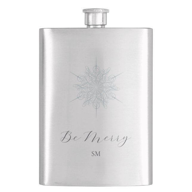 Ice Blue Snowflake Elegant Be Merry Monogram Hip Flask (Front)