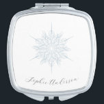 Ice Blue Snowflake Elegant Calligraphy Name Compact Mirror<br><div class="desc">Ice blue snowflake winter wedding bridal party personalised name in elegant calligraphy. Detailed ice blue snowflake design. Customise with your bridesmaid,  maid of honour,  mother or mother of the grooms's name in dark navy calligraphy. Designed to match our Ice Blue Snowflake Winter Wedding Collection.</div>