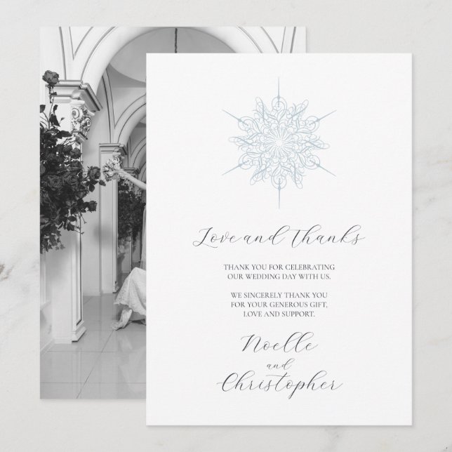 Ice Blue Snowflake Elegant Winter Wedding Photo Thank You Card (Front/Back)
