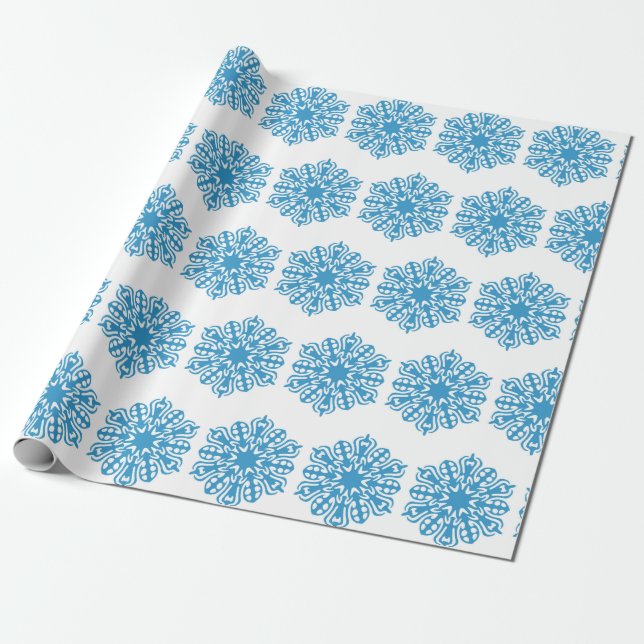 Ice Blue Snowflake Pattern Holiday Wrapping Paper (Unrolled)