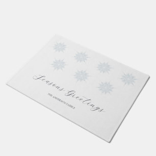 Ice Blue Snowflake Seasons Greetings Family Name Doormat