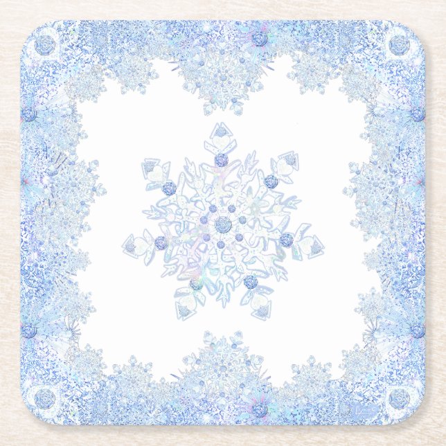 Ice blue snowflake square paper coaster (Front)