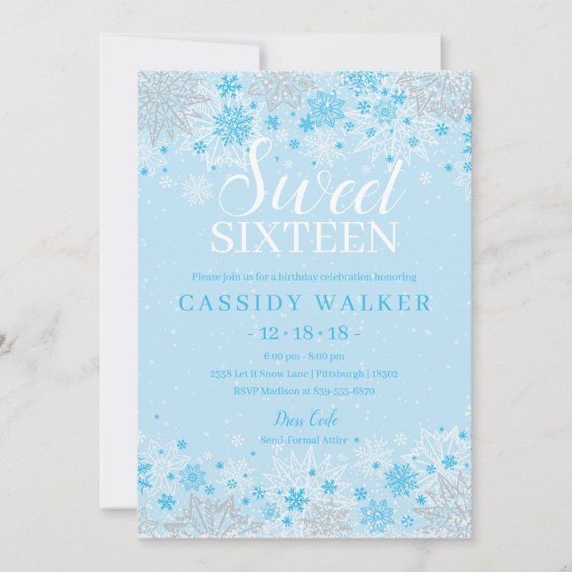 Ice Blue Snowflake Winter Wonderland Sweet Sixteen Invitation (Front)