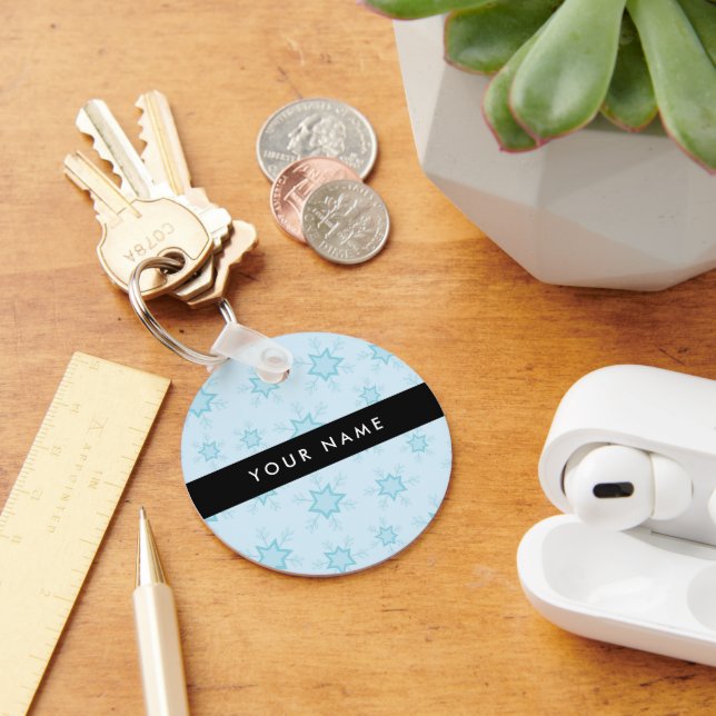 Ice Blue Snowflakes, Your name, Personalise Key Ring (Desk)