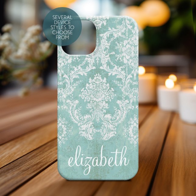 Ice Blue Vintage Damask Pattern Grungy Finish (Personalized Phone Case - Shabby Chic Vintage Damask Pattern with Custom Name)