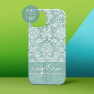 Ice Blue Vintage Damask Pattern with Grungy Finish