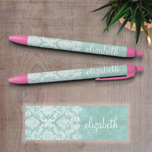 Ice Blue Vintage Damask Pattern with Grungy Finish Black Ink Pen