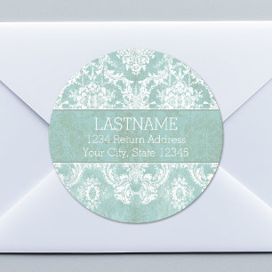 Ice Blue Vintage Damask Pattern with Grungy Finish Classic Round Sticker