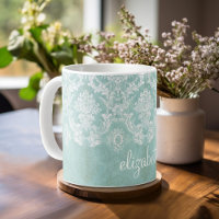 Ice Blue Vintage Damask Pattern with Grungy Finish