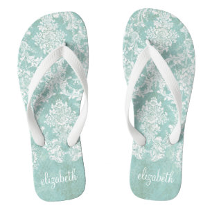 Ice Blue Vintage Damask Pattern with Grungy Finish Flip Flops