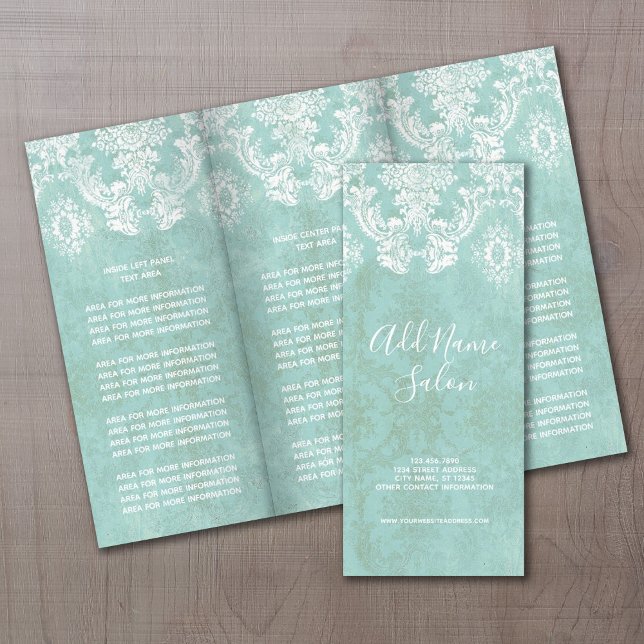 Ice Blue Vintage Damask Pattern with Grungy Finish Flyer (Tri fold business pamphlet - shabby chic design)