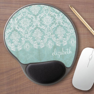 Ice Blue Vintage Damask Pattern with Grungy Finish Gel Mouse Mat