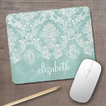 Ice Blue Vintage Damask Pattern with Grungy Finish Mouse Mat<br><div class="desc">A vintage pattern with a chalkboard and lace design. Look closely to the flowers and leaves.A trendy design with jewel tone colours and elegance. Items are easier to customise when you replace all text and photos first. If your art still needs to be adjusted, click on the Customise This button....</div>