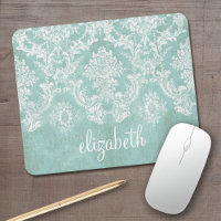 Ice Blue Vintage Damask Pattern with Grungy Finish
