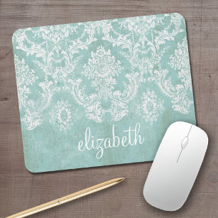Ice Blue Vintage Damask Pattern with Grungy Finish Mouse Mat
