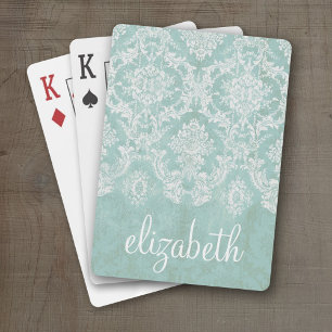 Ice Blue Vintage Damask Pattern with Grungy Finish Playing Cards