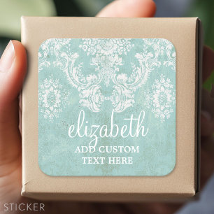 Ice Blue Vintage Damask Pattern with Grungy Finish Square Sticker