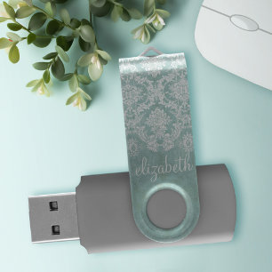 Ice Blue Vintage Damask Pattern with Grungy Finish USB Flash Drive