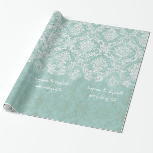 Ice Blue Vintage Damask Pattern with Grungy Finish Wrapping Paper