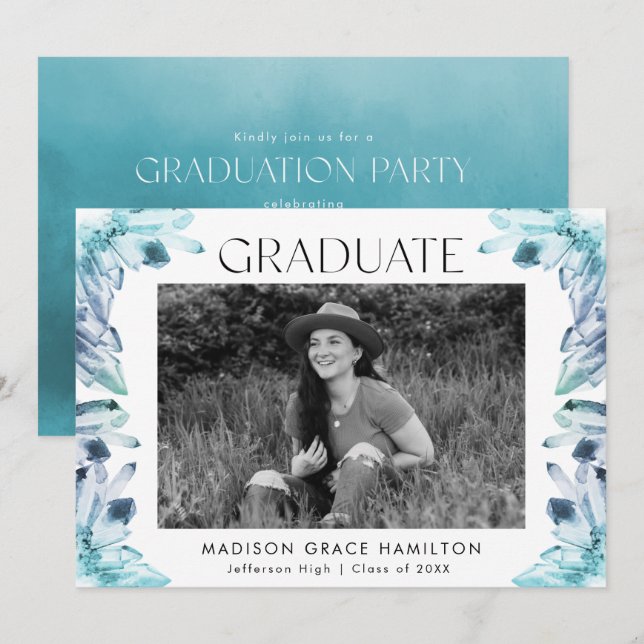 Ice Blue Watercolor Crystal Photo Graduation Party Invitation (Front/Back)