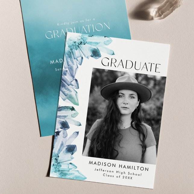 Ice Blue Watercolor Crystal Photo Graduation Party Invitation (Creator Uploaded)