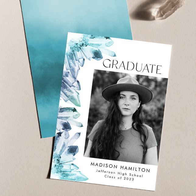 Ice Blue Watercolor Crystals Photo Graduation Announcement (Creator Uploaded)