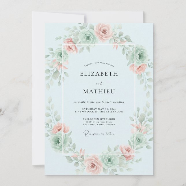 Ice Blue Watercolor Wreath Wedding Invitation (Front)