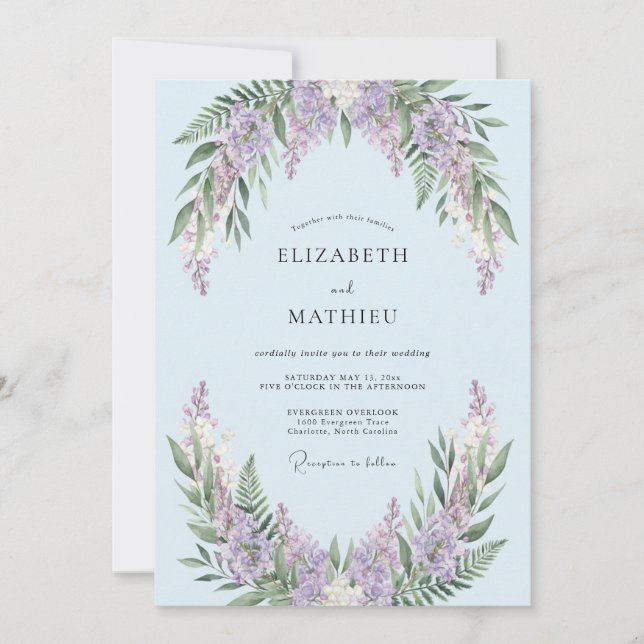 Ice Blue Whimsical Wisteria Wedding Invitation (Front)