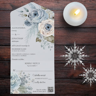 Ice Blue Winter Floral on Pale Blue QR Code All In One Invitation