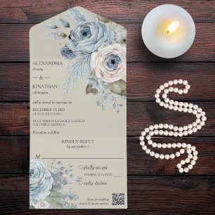 Ice Blue Winter Floral on Sage Green QR Code All In One Invitation