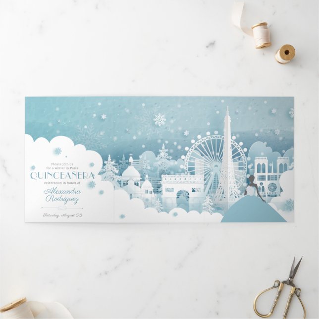 Ice Blue Winter in Paris Quinceañera Tri-Fold Invi (Outside)