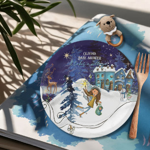 Ice Blue Winter Village Baby Shower   Swirl Frame Paper Plate