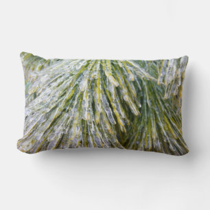 Ice Coated Pine Needles Winter Botanical Lumbar Cushion