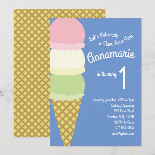 Ice Cream 1st Birthday Cute Invitations (Front/Back)