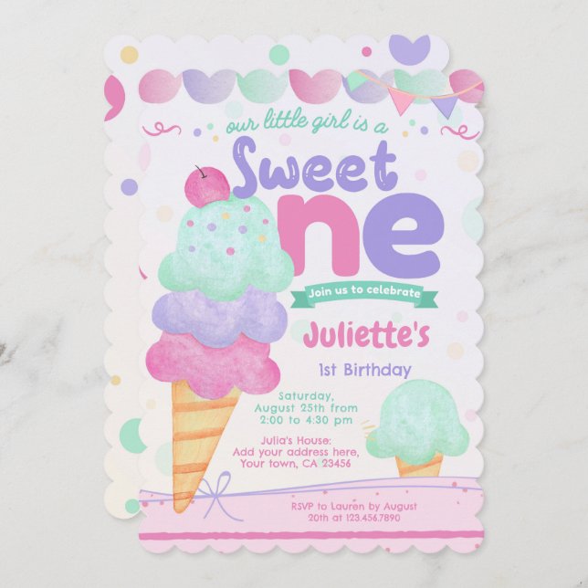 Ice Cream 1st Birthday Party Invitation  (Front/Back)