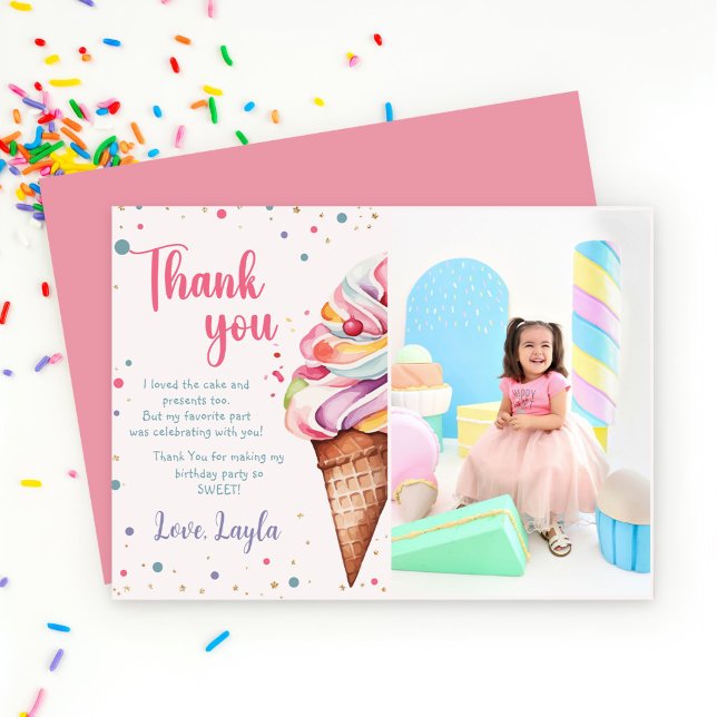 Ice Cream 1st Birthday Party Photo Thank You Card (Creator Uploaded)