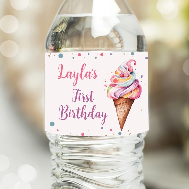 Ice Cream 1st Birthday Party Water Bottle Label (Creator Uploaded)