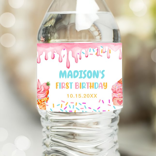 Ice Cream 1st Birthday Party Water Bottle Label (Creator Uploaded)