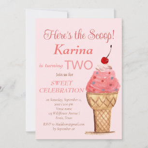 Ice Cream 2nd Birthday Girl Pink Watercolor Invitation