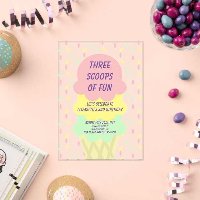 Ice Cream 3rd Birthday Acrylic Invitations (Insitu (Celebration))