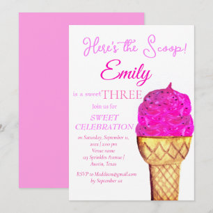 Ice Cream 3rd Birthday Girl Pink Watercolor Invitation