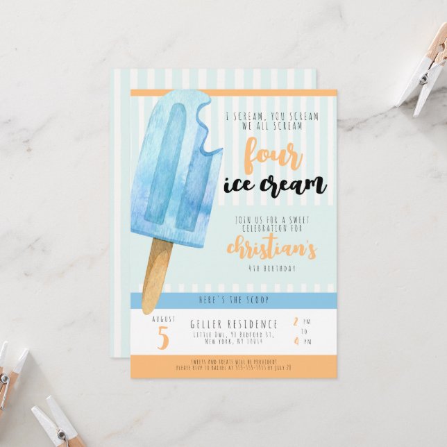 Ice Cream 4th Birthday Party Invitation (Front/Back In Situ)