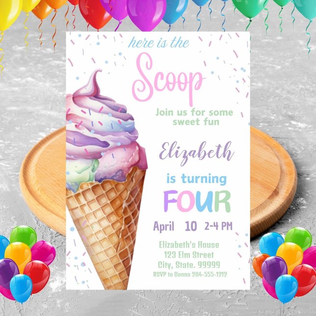 Ice Cream 4th Birthday Party Invitation (Creator Uploaded)