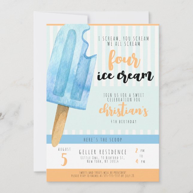 Ice Cream 4th Birthday Party Invitation (Front)